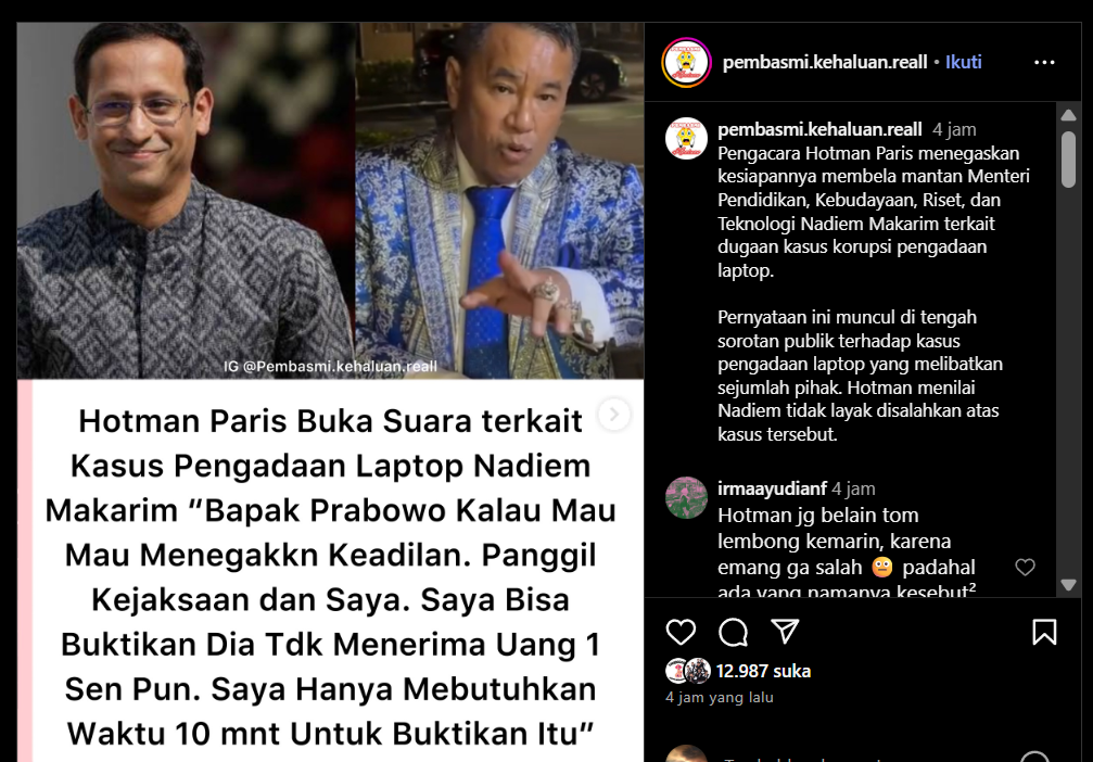 Hotman Paris siap buktikan Nadiem tidak bersalah (Instagram)